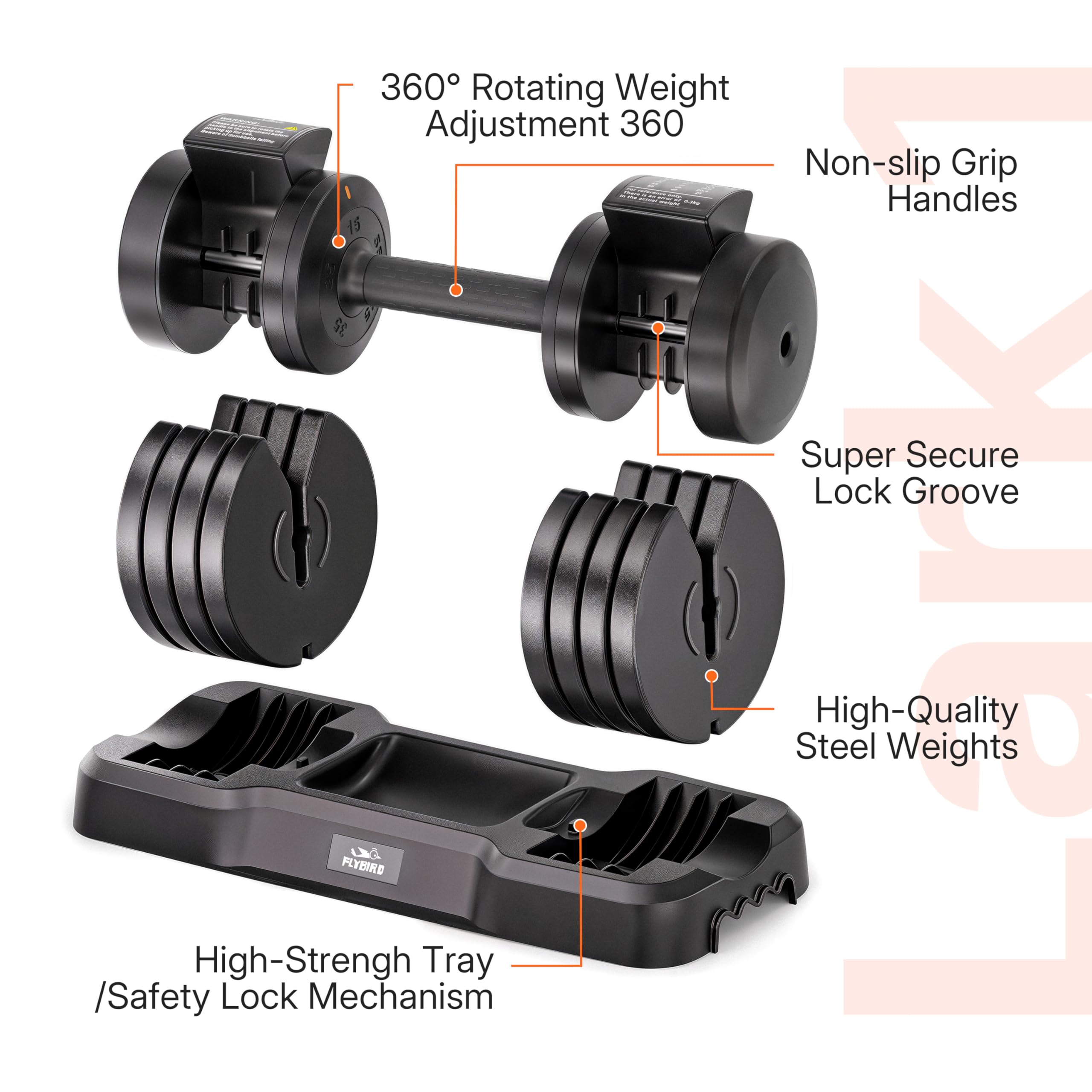360 Rotating Weight Adjustment  
360 Non-slip Grip Handles  
15 g  
Super Secure Lock Groove  
High-Quality Steel Weights  
High-Strength Tray / Safety Lock Mechanism