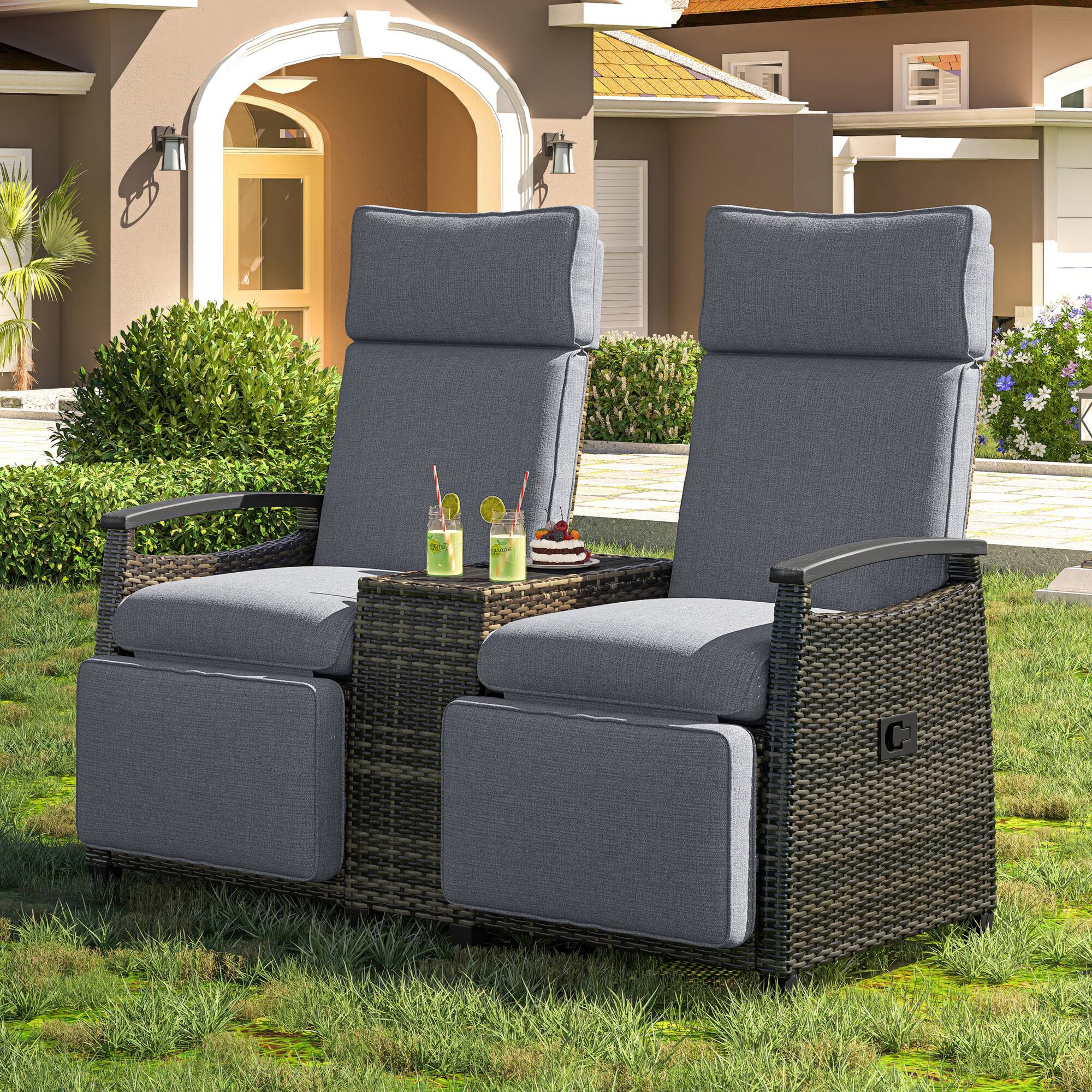 Angle. Mondawe - Patio Adjustable Backrest Wicker Recliner Loveseat Chair with Acacia Wood Armrests and Built-in Storage Table - Gray.