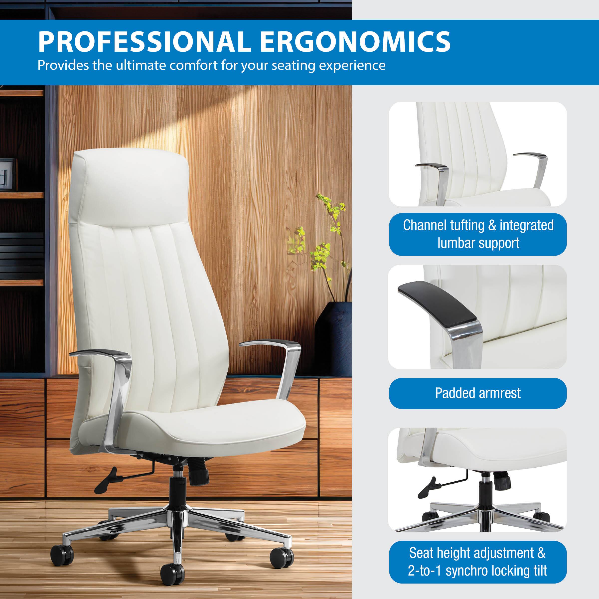 PROFESSIONAL ERGONOMICS  
Provides the ultimate comfort for your seating experience  

- Channel tufting & integrated lumbar support  
- Padded armrest  
- Seat height adjustment & 2-to-1 synchro locking tilt