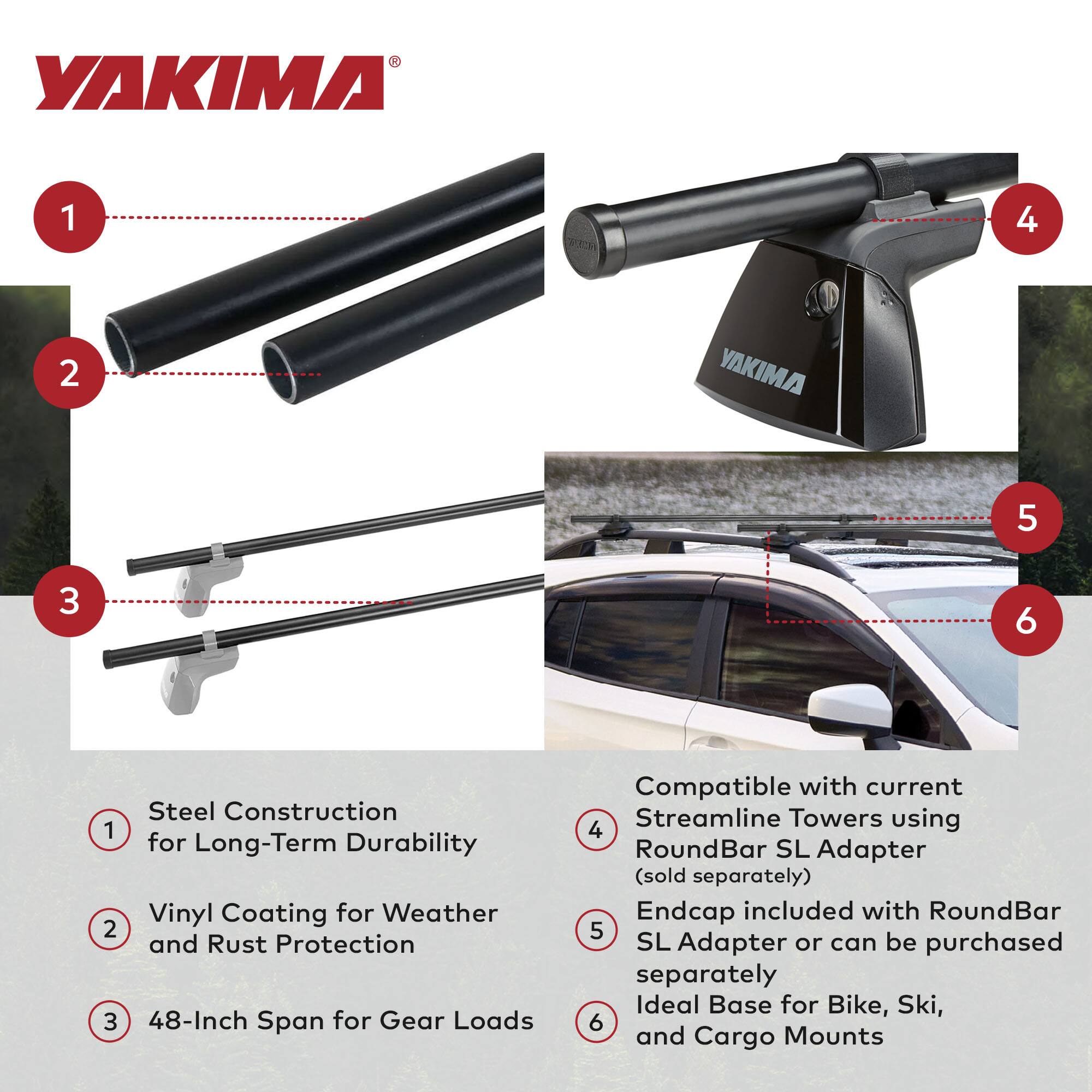 1. Steel Construction for Long-Term Durability  
2. Vinyl Coating for Weather and Rust Protection  
3. 48-Inch Span for Gear Loads  
4. Compatible with current Streamline Towers using RoundBar SL Adapter (sold separately)  
5. Endcap included with RoundBar SL Adapter or can be purchased separately  
6. Ideal Base for Bike, Ski, and Cargo Mounts