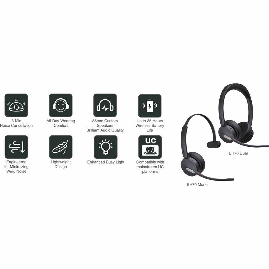 3-Mic Noise Cancellation  
All-Day-Wearing Comfort  
35mm Custom Speakers  
Brilliant Audio Quality  
Up to 35 Hours Wireless Battery Life  
Engineered for Minimizing Wind Noise  
Lightweight Design  
Enhanced Busy Light  
Compatible with mainstream UC platforms  

BH70 Dual  
BH70 Mono