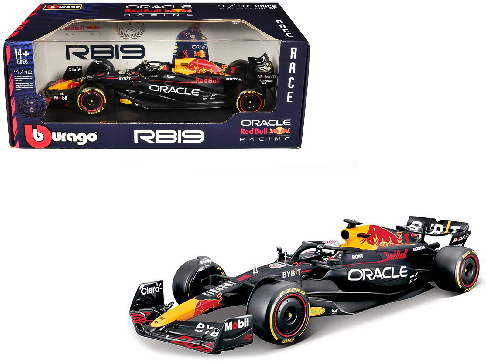Bburago - Red Bull Racing RB19 #1 Max Verstappen "Oracle" Champion Formula One F1 World Championship (2023) "Race" Series 1/18 - Multicolor