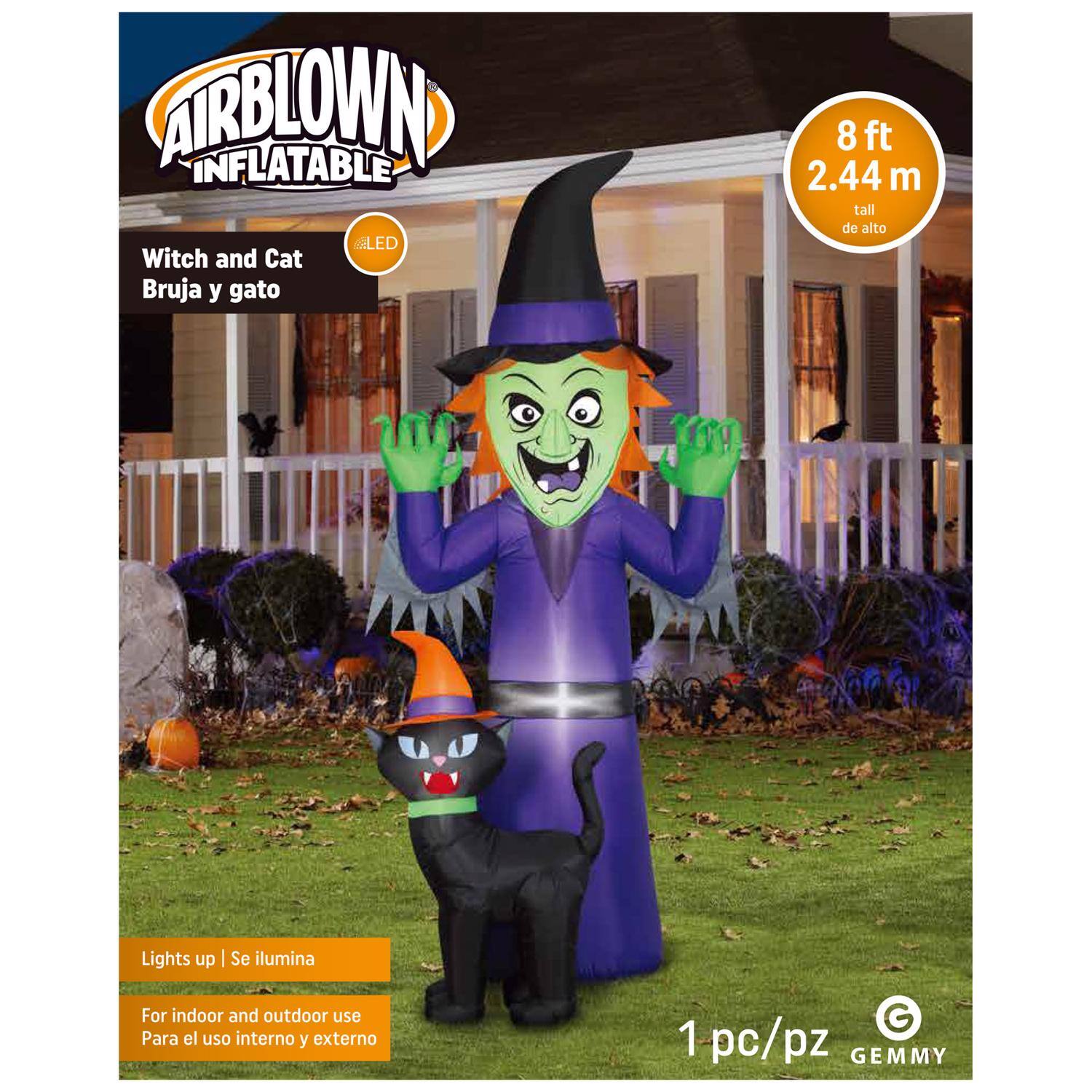AIRBLOWN INFLATABLE LED Witch and Cat Bruja y gato 8 ft 2.44 m tall de alto Lights up | Se ilumina For indoor and outdoor use Para el uso interno y externo G 1 pc/pz GEMMY