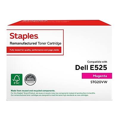 Staples Remanufactured Toner Cartridge  
Fully tested for quality, performance, and page yields  

Compatible with Dell E525  
Magenta  
STG20VW  

Made from reused and recycled components. For this Staples* Brand Product we reuse or recycle many key components instead of sending them to landfills. Our remanufactured toner cartridges are designed to meet the same high standards as new cartridges.  

FSC QUALITY APPROVED  
*Staples