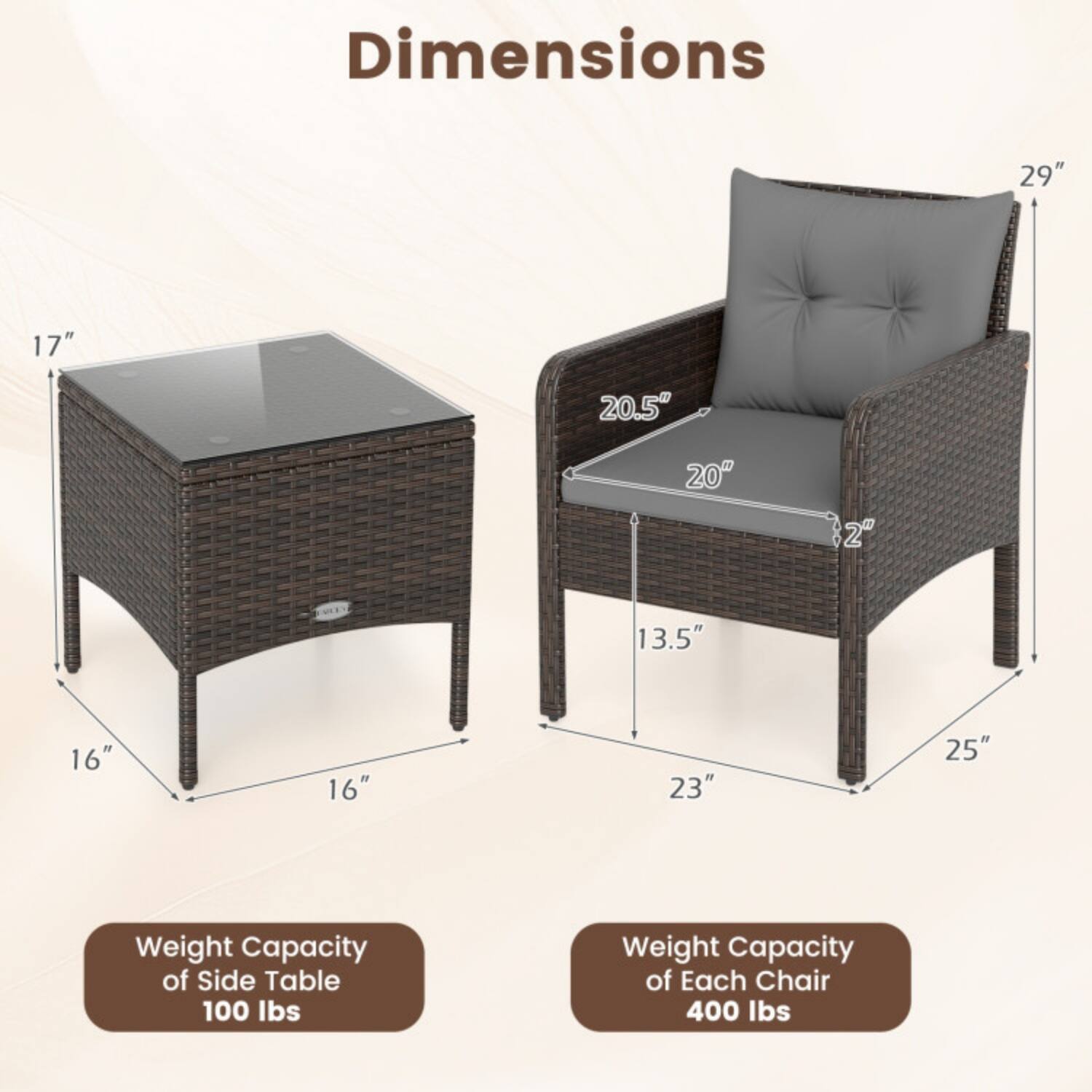 Dimensions:  
- 29"  
- 17"  
- 20.5"  
- 20"  
- 2"  
- 13.5"  
- 16"  
- 16"  
- 23"  
- 25"  

Weight Capacity of Side Table: 100 lbs  

Weight Capacity of Each Chair: 400 lbs