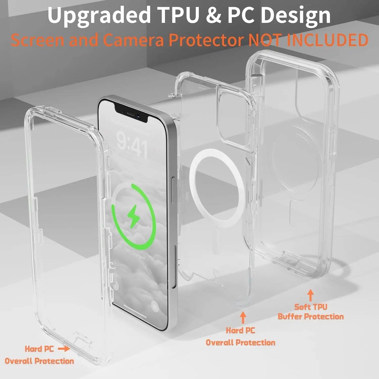 Upgraded TPU & PC Design  
Screen and Camera Protector NOT INCLUDED  

9:41  

Soft TPU Buffer Protection  
Hard PC Overall Protection  
Hard PC Overall Protection