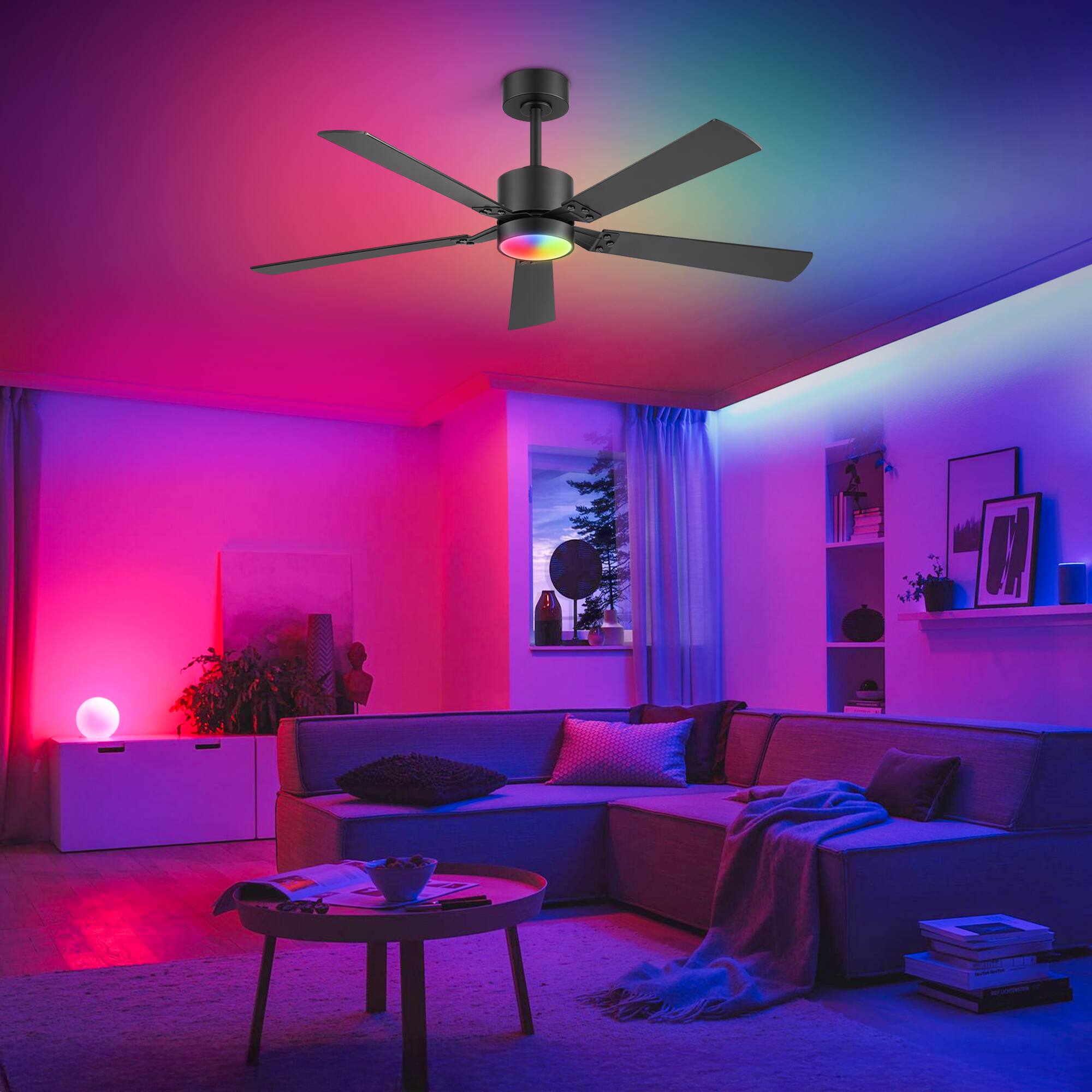 Back. Breezary - 52-Inch Ceiling Fan with Acrylic Light Shade, RGB LED Light, 6-Speed Remote Control, Timer, Downrod Mount - Black and Walnut.