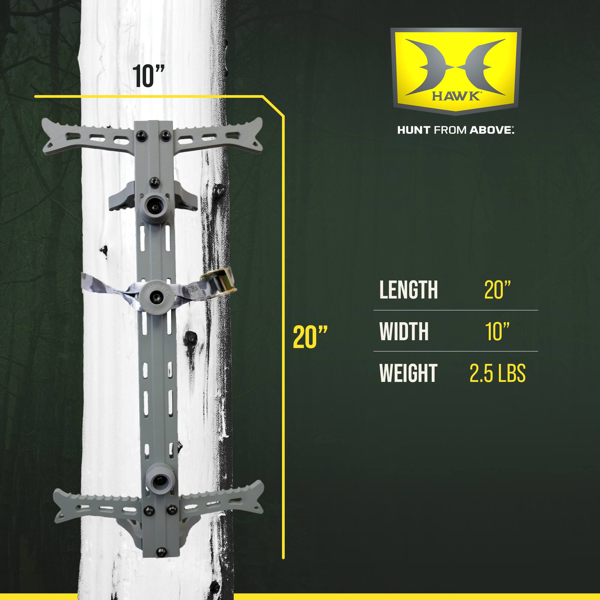 10" DE HAWK HUNT FROM ABOVE: LENGTH 20" 20" WIDTH 10" WEIGHT 2.5 LBS