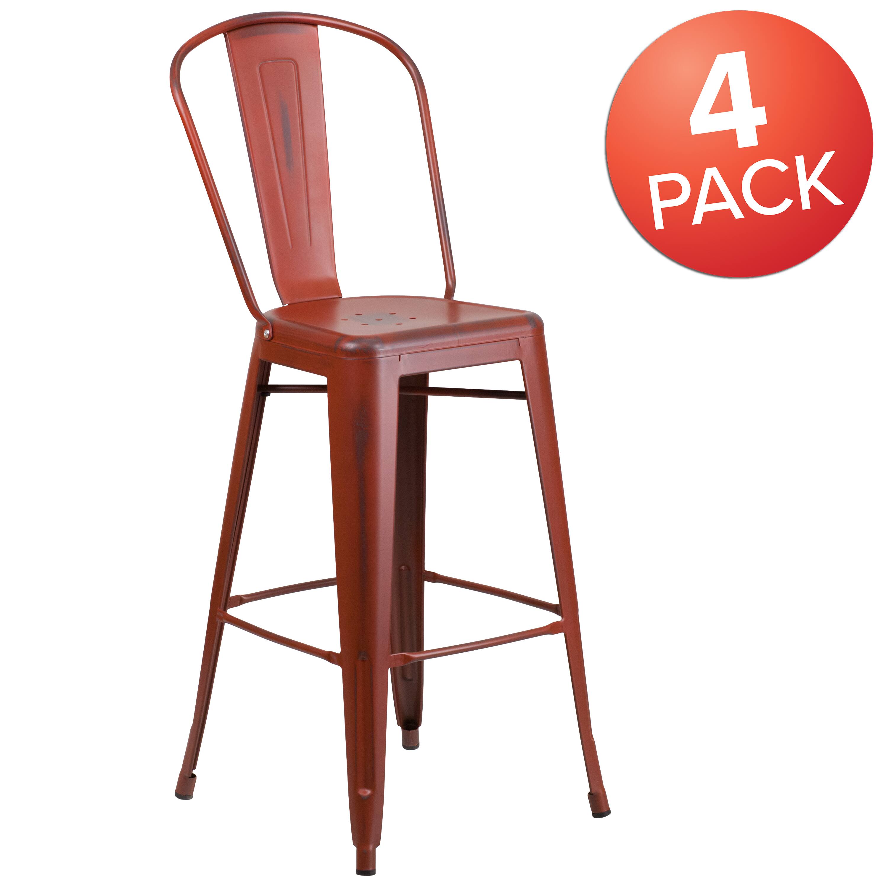 Alt View 1. Emma + Oliver - Commercial Grade 4 Pack 30" High Distressed Metal Indoor-Outdoor Barstool with Back - Kelly Red.