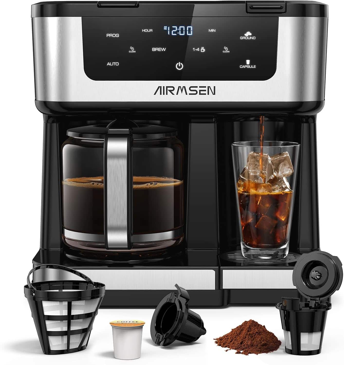 AIRMSEN - 12-Cup Drip Coffee Maker with K-Cup Combo, Single Serve & Carafe Coffee Machine - Black