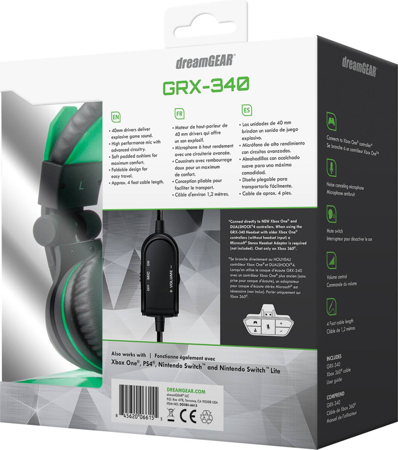 dreamGEAR GRX-340

- 40mm drivers deliver explosive game sound.
- High performance mic with advanced circuitry.
- Soft padded cushions for maximum comfort.
- Foldable design for easy travel.
- Approx. 4 foot cable length.

- Moteur de haut-parleur de 40 mm qui offre un son de jeu explosif.
- Microphone haut rendement avec circuit avancé.
- Coussins rembourrés pour un maximum de confort.
- Conception pliable pour faciliter le transport.
- Câble d'environ 1,2 mètres.

- Las unidades de 40 mm brindan un sonido de juego explosivo.
- Micrófono de alto rendimiento con circuitos avanzados.
- Almohadillas cojín para una máxima comodidad.
- Diseño plegable para facilitar el transporte.
- Cable de aproxim. 4 pies.

- Connects directly to NEW Xbox One* and DUALSHOCK 4 controllers. When using the GRX-340 Headset with older Xbox One controllers (without headset input), Microsoft® Stereo Headset Adapter is required (not included). Only works on Xbox 360