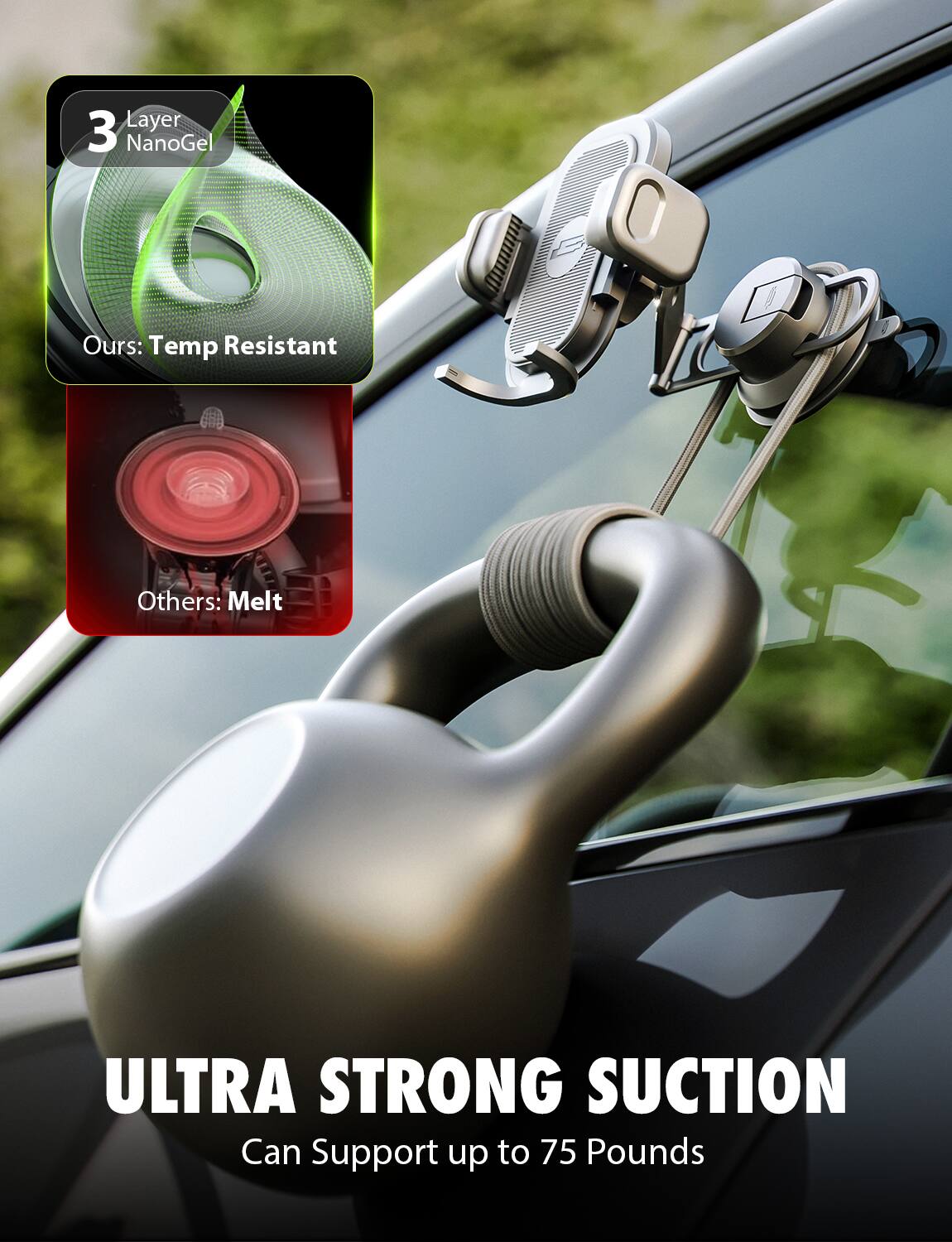 3 Layer NanoGel  
Ours: Temp Resistant  
Others: Melt  

ULTRA STRONG SUCTION  
Can Support up to 75 Pounds