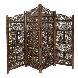 Manhattan Lane - Benzara Hand Carved Foldable 4 Panel Wooden Partition Screen/RoomDivider - Brown