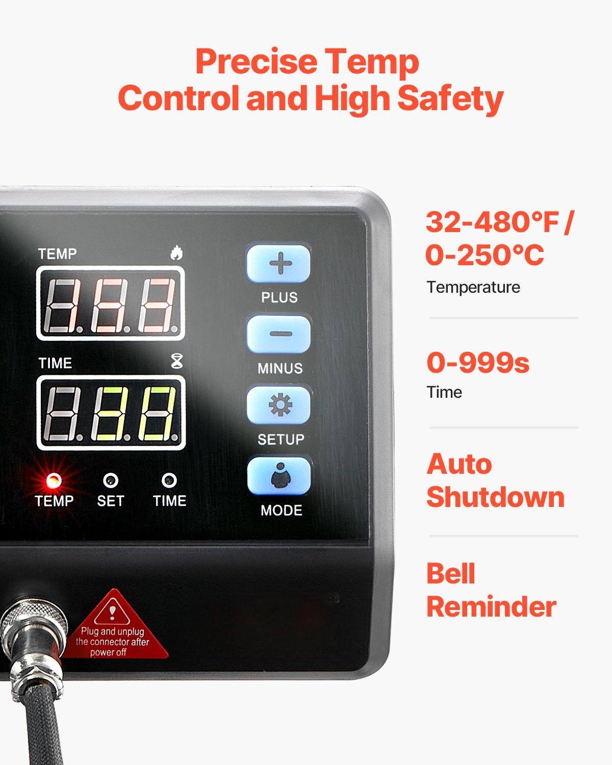 Precise Temp Control and High Safety

TEMP 8.8.8 TIME 8.8.8

TEMP SET TIME + PLUS MINUS SETUP MODE

32-480°F / 0-250°C Temperature

0-999s Time

Auto Shutdown

Bell Reminder

Plug and unplug the connector after power off