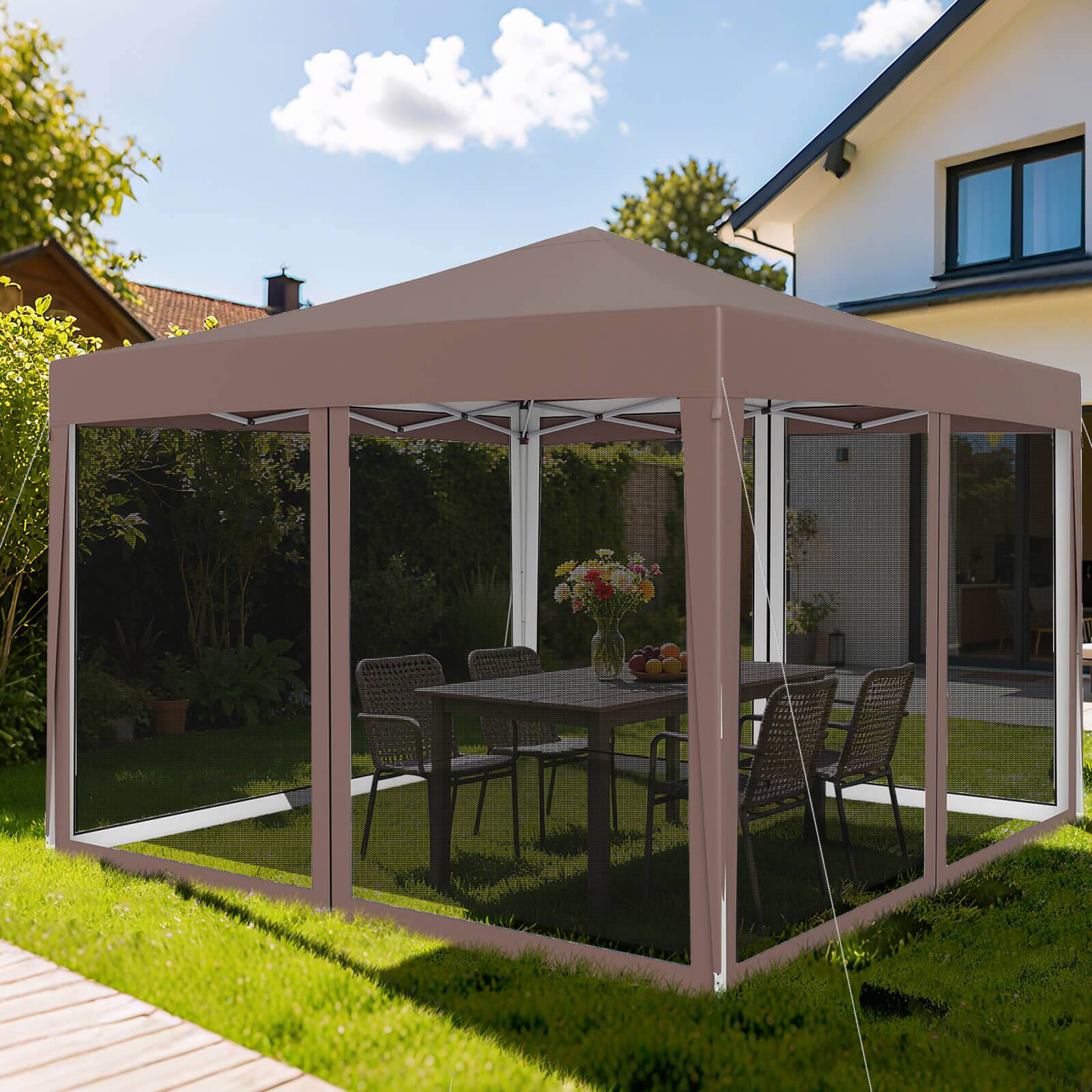 Alt View 1. Costway - Costway 10 FT x 10 FT Pop-Up Canopy Tent with Mesh Netting, Carry Bag, 8 Stakes & 4 Ropes - Brown.