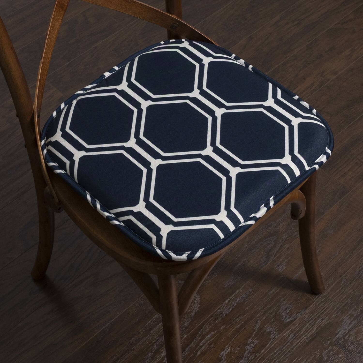 Left. Sweet Home Collection - Mirage Hexagonal Memory Foam No Slip Back 16" x 16" Chair Pad Cushion, 6-Pack - Navy/White.