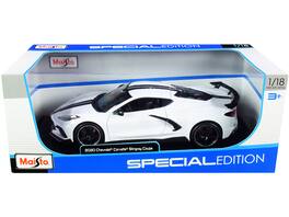 2020 Chevrolet Corvette Stingray C8 Coupe with High Wing Stripes 1/18 Diecast Model Car by Maisto - White With Black