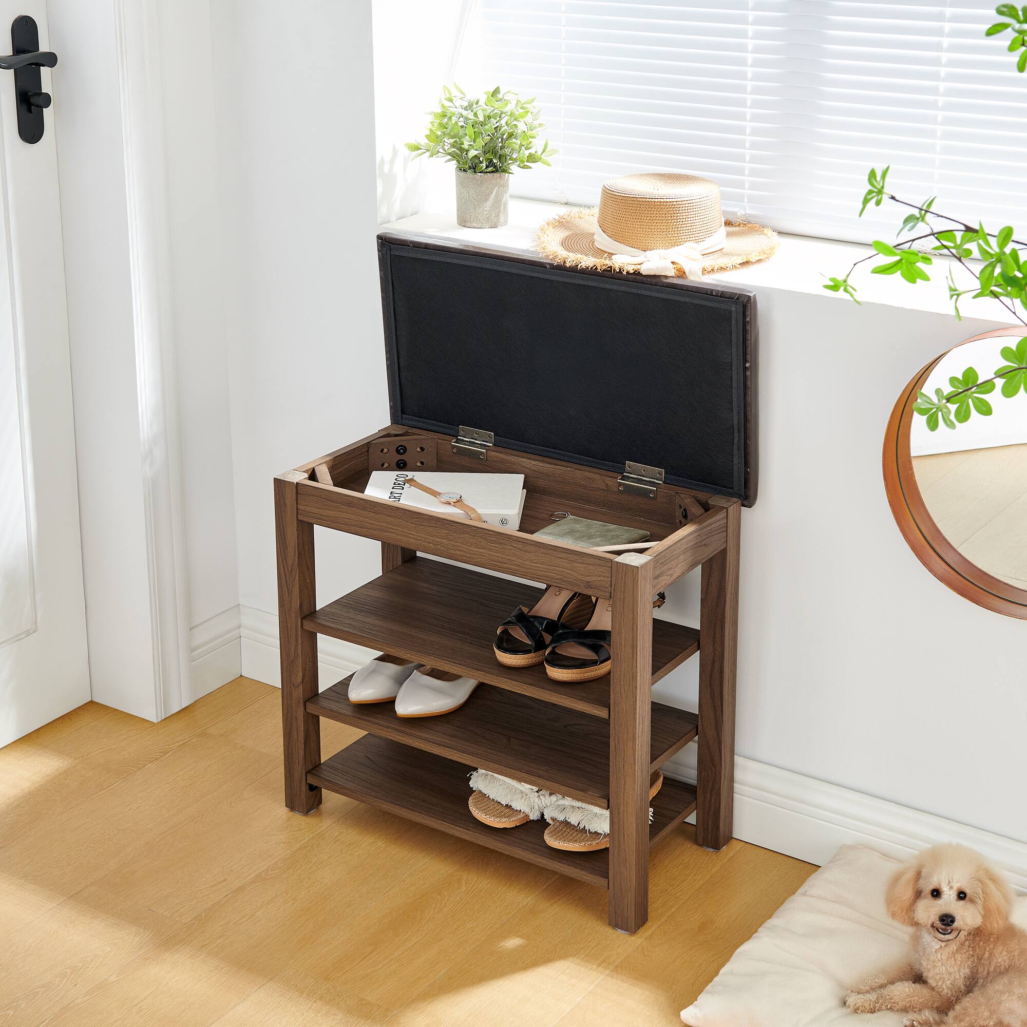 Left. Whisen - Height-Adjustable Shoe Storage Bench with Hidden Compartment, Compact Entryway Bench Seat - Brown.