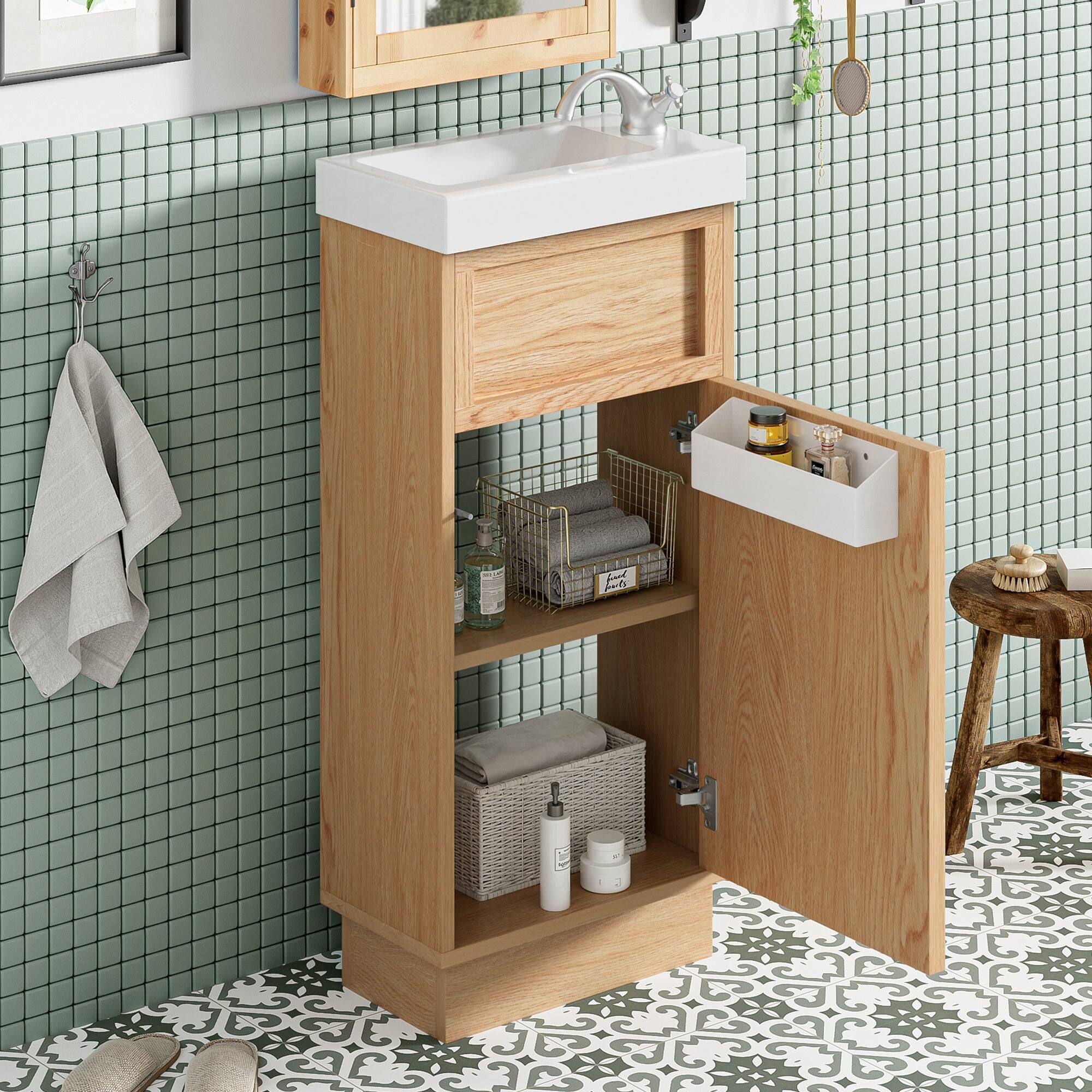 Alt View 5. Boyel Living - 15.75 Inch Rustic Bathroom Vanity with Resin Sink Adjustable Shelf and Reversible Door - Wood.