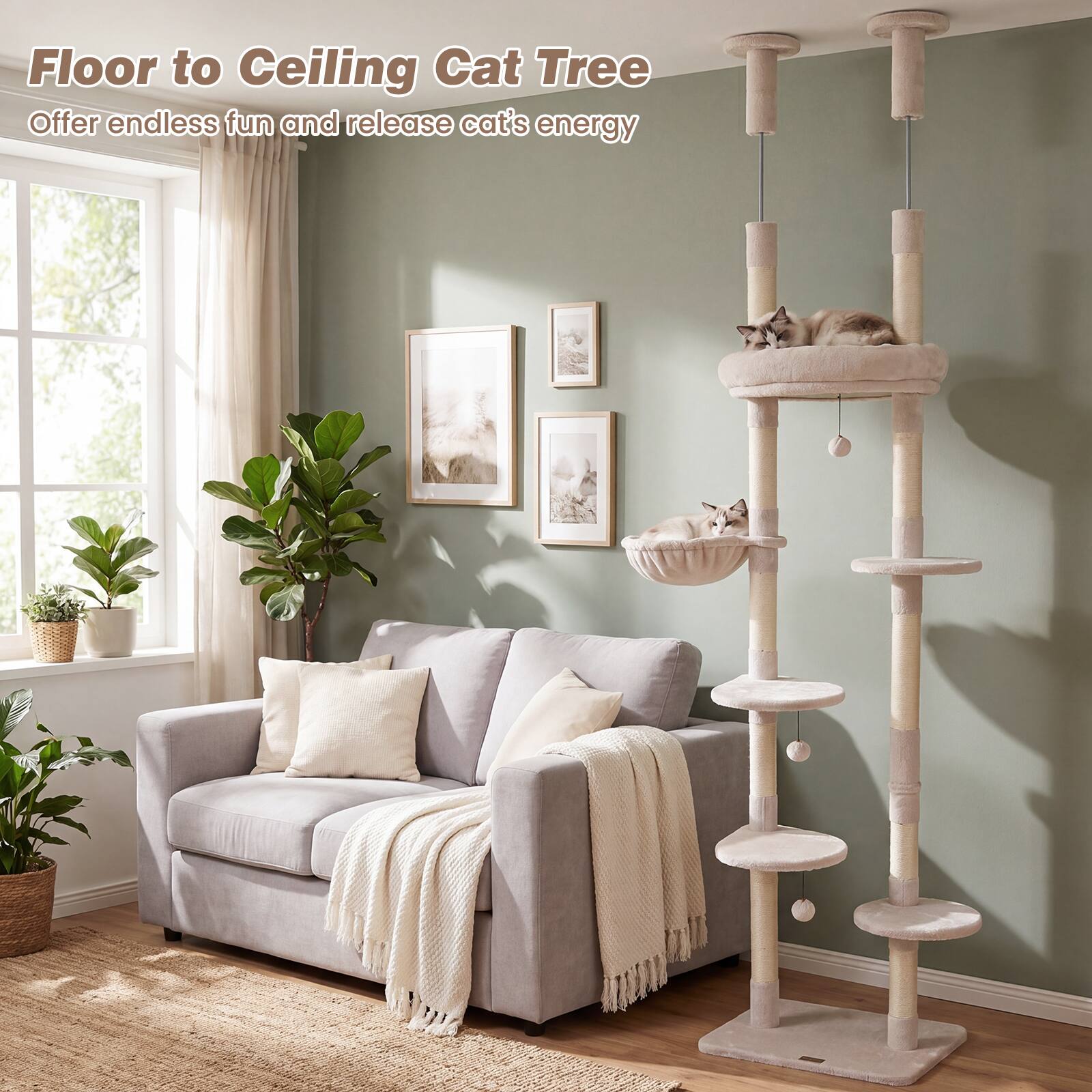 Floor to Ceiling Cat Tree  
Offer endless fun and release cat's energy