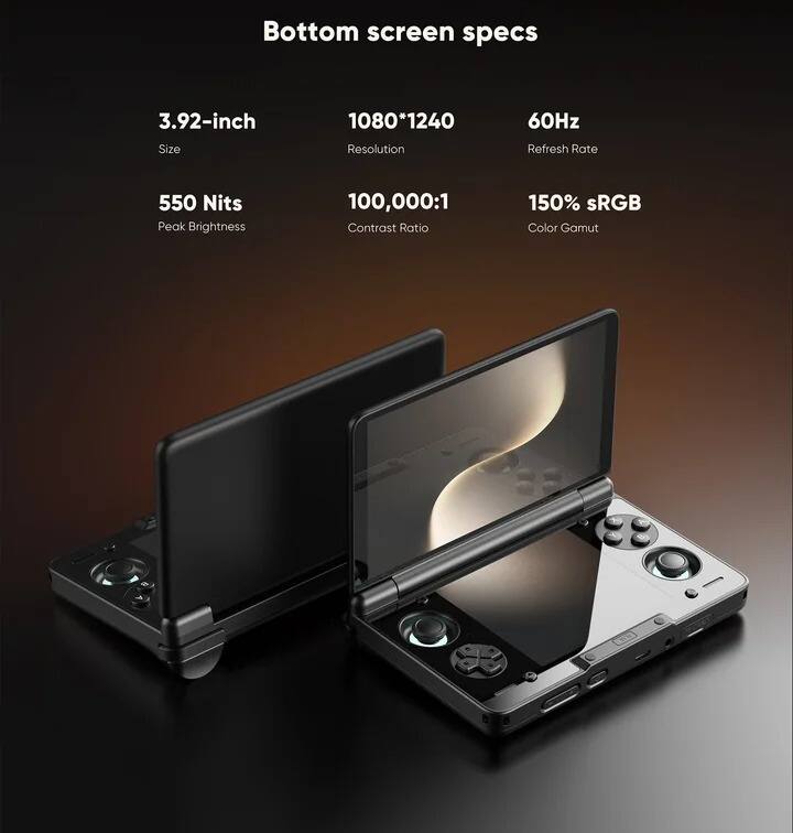 Bottom screen specs

- Size: 3.92-inch
- Resolution: 1080*1240
- Refresh Rate: 60Hz
- Peak Brightness: 550 Nits
- Contrast Ratio: 100,000:1
- Color Gamut: 150% sRGB