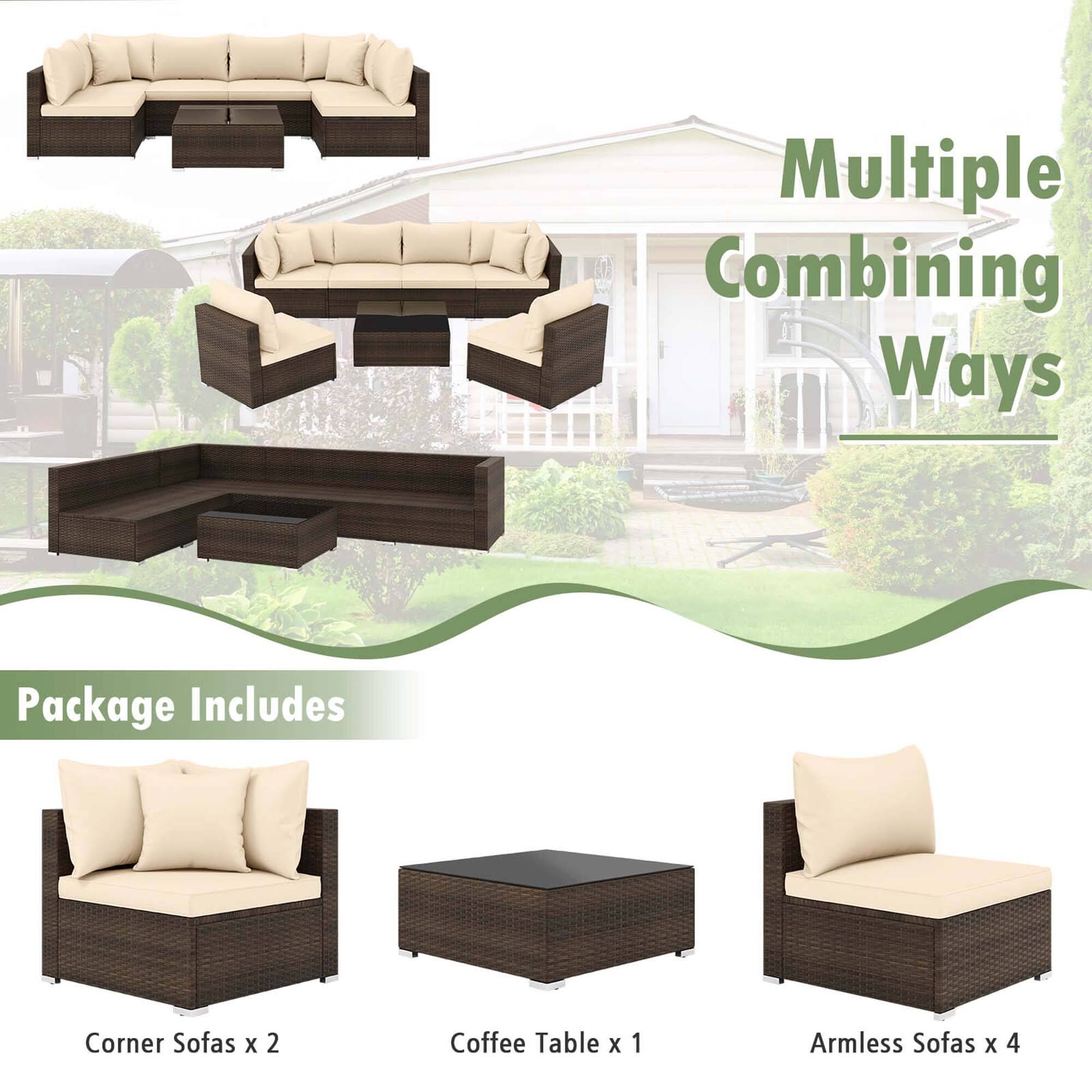 The image features a variety of outdoor furniture, including a couch, coffee table, and armchairs. The furniture is arranged in a way that maximizes the available space and creates a comfortable outdoor seating area. The image suggests that this arrangement is part of a package deal, which includes corner sofas, a coffee table, and armless sofas. The package is designed to provide a versatile and functional outdoor living space for homeowners.