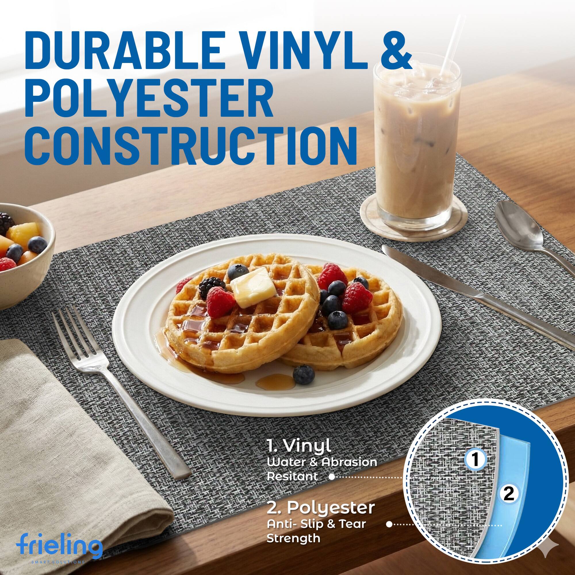 DURABLE VINYL & POLYESTER CONSTRUCTION

1. Vinyl Water & Abrasion Resistant
2. Polyester Anti-Slip & Tear Strength