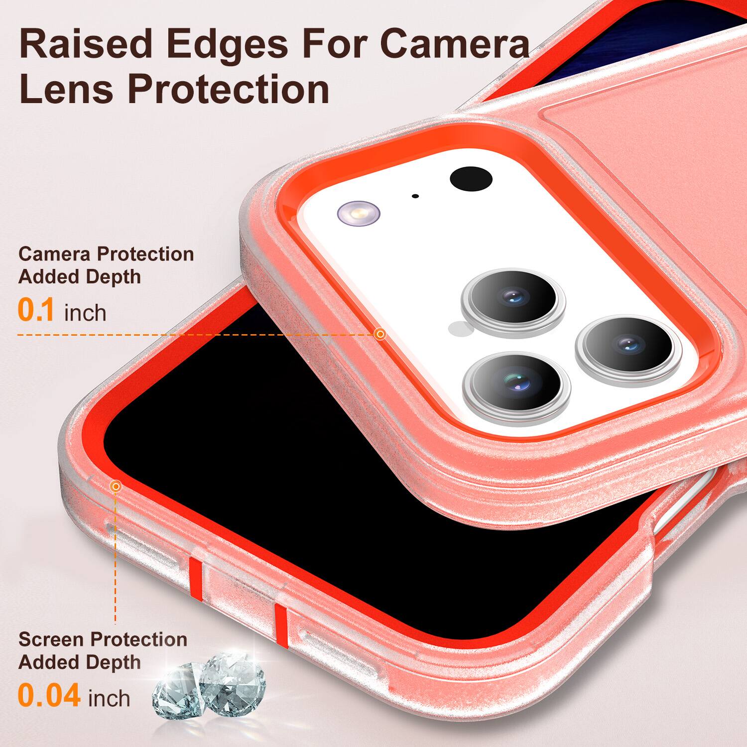 Raised Edges For Camera Lens Protection

Camera Protection Added Depth 0.1 inch

Screen Protection Added Depth 0.04 inch