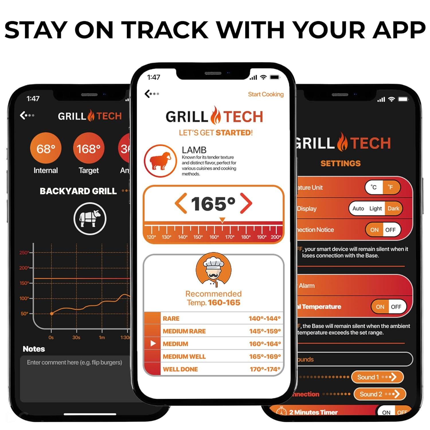 STAY ON TRACK WITH YOUR APP

GRILL TECH

1:47

Start Cooking

GRILL TECH

LET'S GET STARTED!

LAMB
Known for its tender texture and distinct flavor, perfect for various cuisines and cooking methods.

BACKYARD GRILL

68° Internal
168° Target
3° Ambient

165°

Recommended Temp. 160-165

RARE 140-144°F
MEDIUM RARE 145-159°F
MEDIUM 160-164°F
MEDIUM WELL 165-169°F
WELL DONE 170-174°F

Notes
Enter comment here (e.g., flip burgers)

Alarm
Temperature ON OFF

Sound
Connection Notice
ON OFF

2 Minutes Timer
ON OFF

SETTINGS

ature Unit
°C °F

Display
Auto Light Dark

Connection Notice
ON OFF

Alarm
Temperature ON OFF

Sound 1
Sound 2

2 Minutes Timer
ON OFF