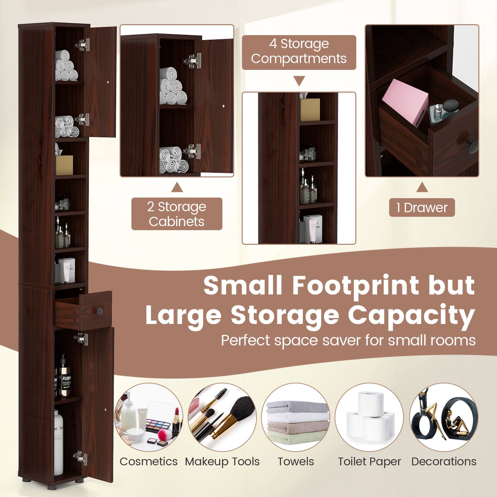 4 Storage Compartments  
2 Storage Cabinets  
1 Drawer  

Small Footprint but Large Storage Capacity  
Perfect space saver for small rooms  

Cosmetics  
Makeup Tools  
Towels  
Toilet Paper  
Decorations