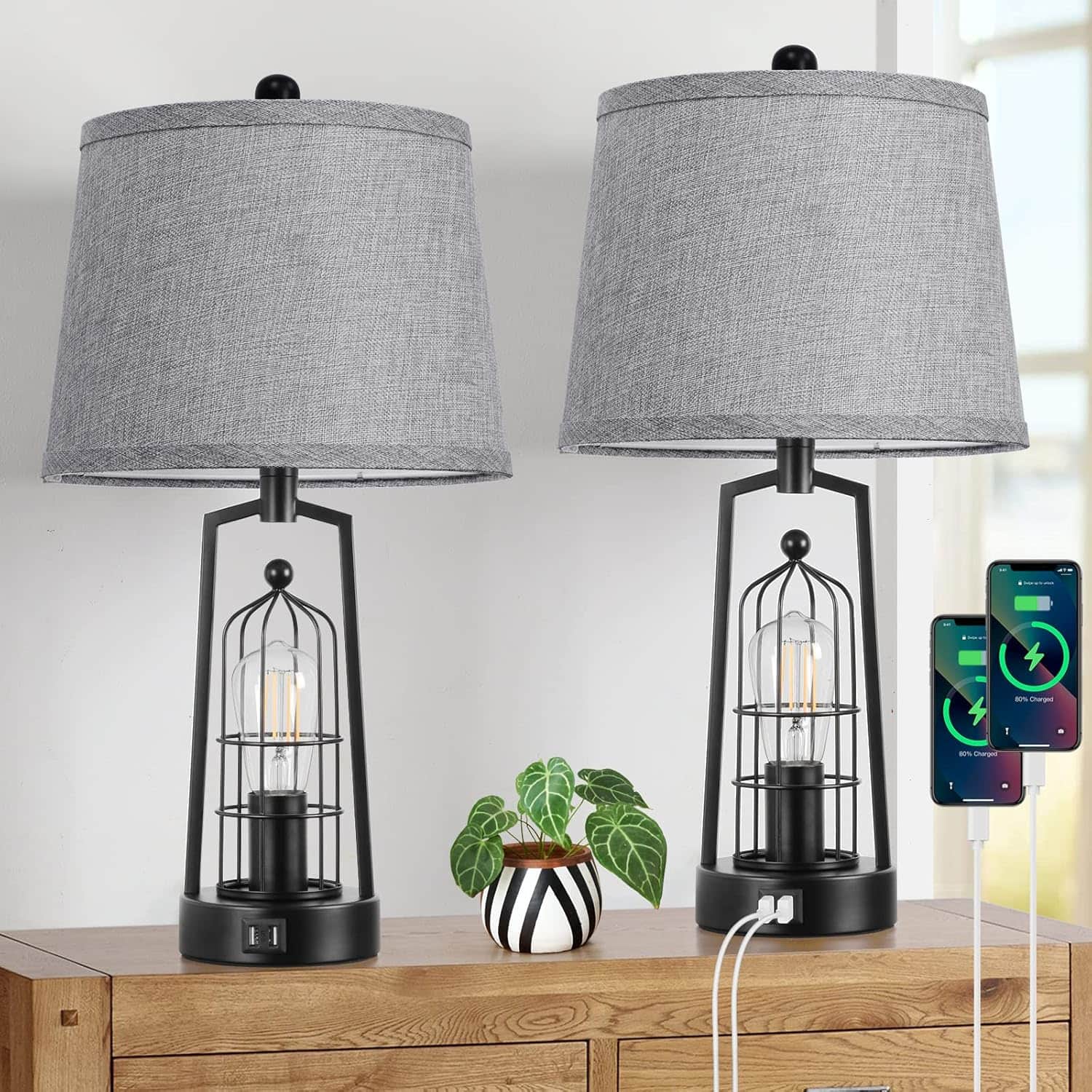 Nordic Hygge - Farmhouse Table Lamps with 2 USB Ports, Set of 2 Rustic Industrial Desk Lamp for Living Room, 2-Light Bedside Lamp - Black Lamp&Grey Shade