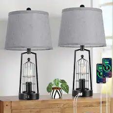 Front. Nordic Hygge - Farmhouse Table Lamps with 2 USB Ports, Set of 2 Rustic Industrial Desk Lamp for Living Room, 2-Light Bedside Lamp - Black Lamp&Grey Shade.