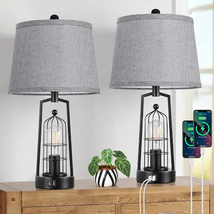 Front. Nordic Hygge - Farmhouse Table Lamps with 2 USB Ports, Set of 2 Rustic Industrial Desk Lamp for Living Room, 2-Light Bedside Lamp - Black Lamp&Grey Shade.