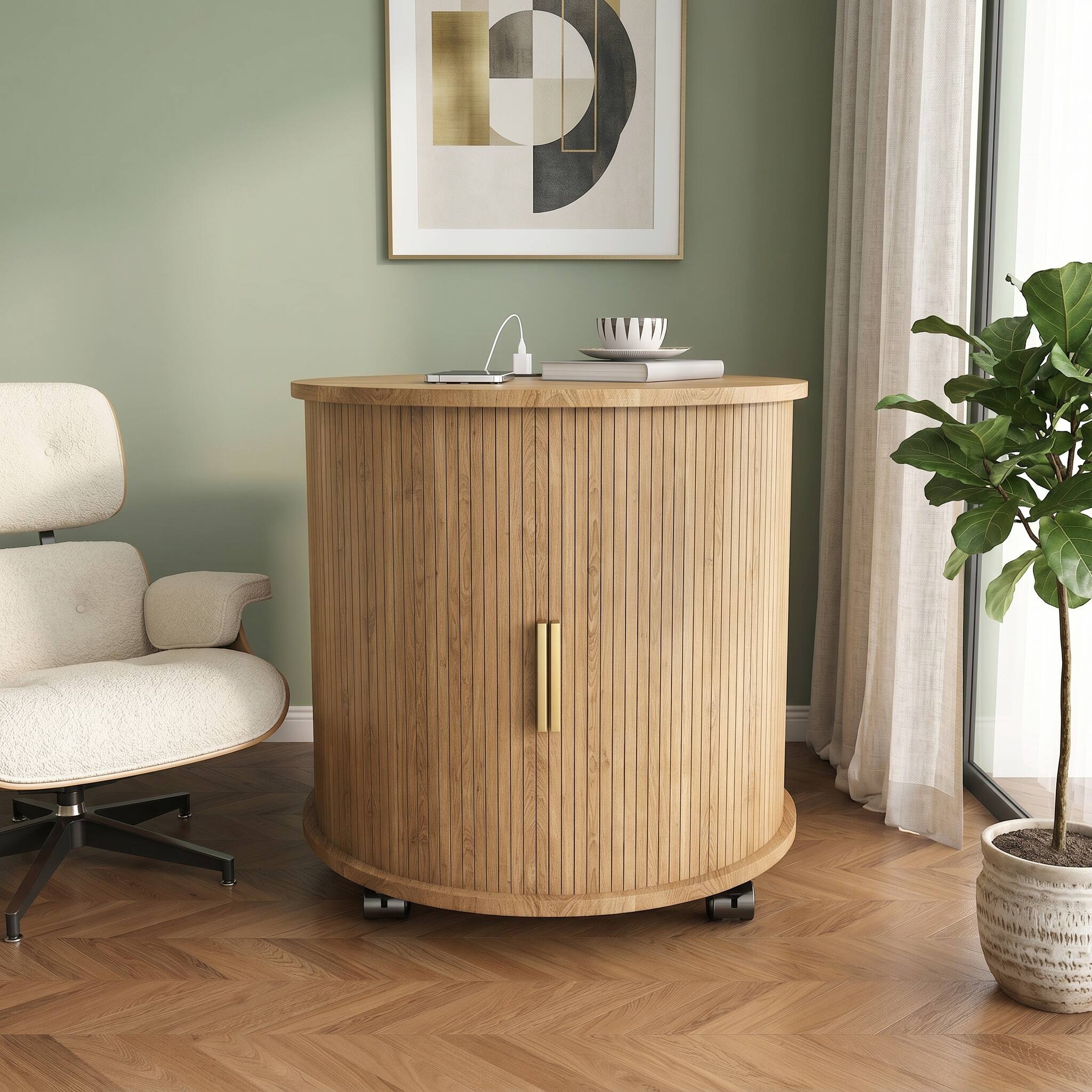 Alt View 10. Forest'nSky - Oak Modern Cylinder End Table with Built-in Charging Station & Sliding Door, 2-Tier Storage Round Nightstand - Oak.