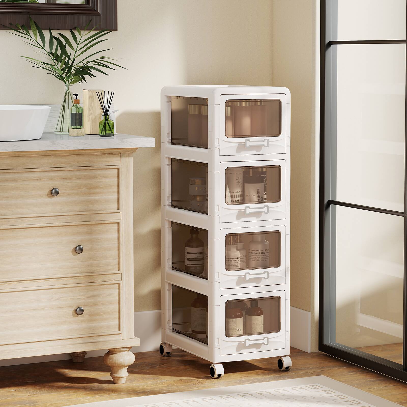 Alt View 3. Gymax - Gymax 4-Tier Plastic Drawer Storage Organizer w/3 Drawers & Lockable Wheels for Home - White.