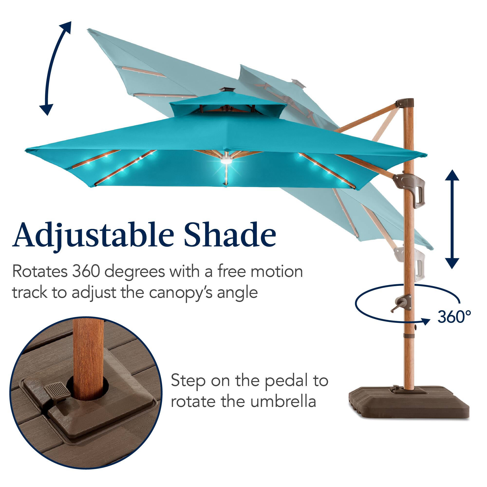 Adjustable Shade Rotates 360 degrees with a free motion track to adjust the canopy's angle. Step on the pedal to rotate the umbrella.