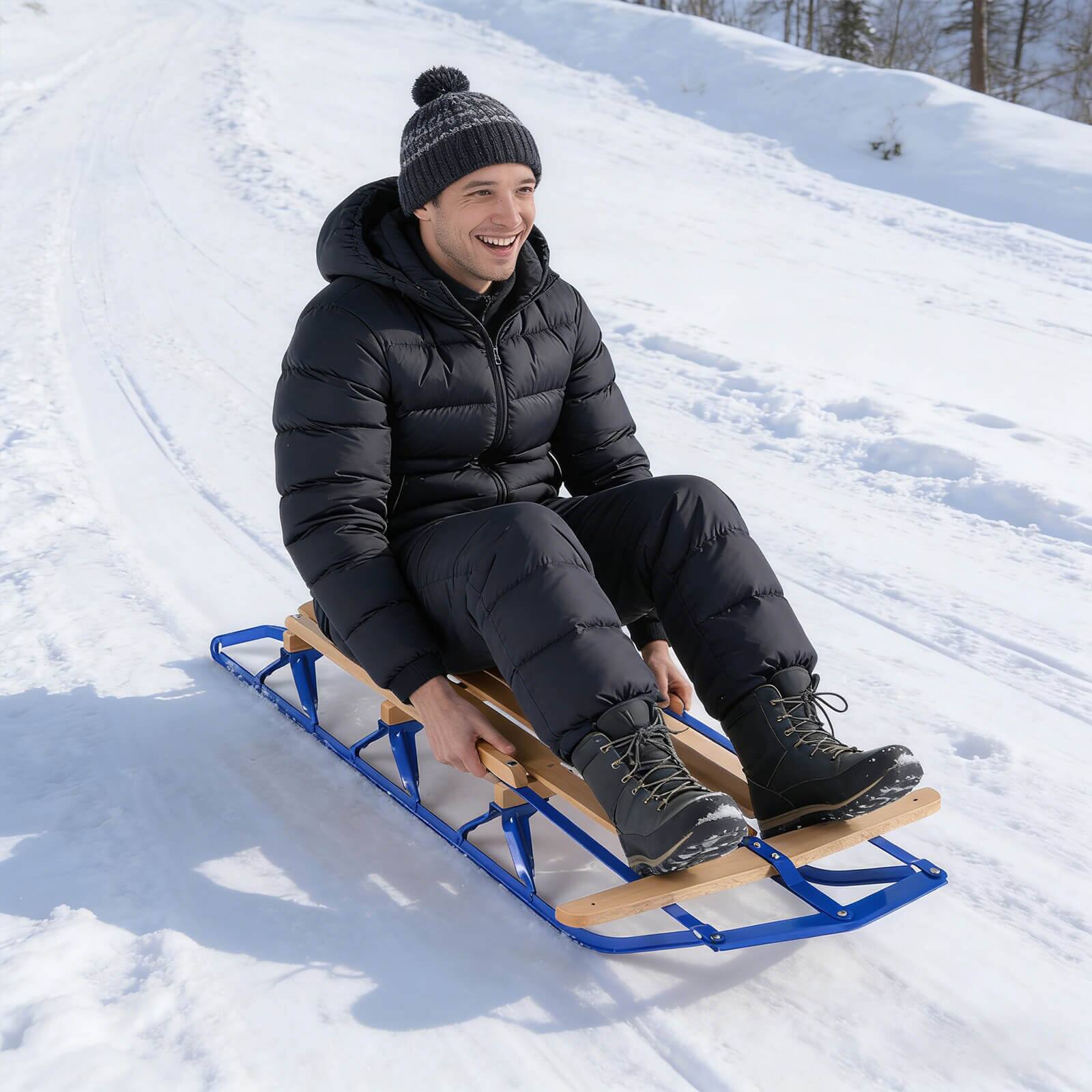 Alt View 1. Costway - Costway 54"Kids Wood Snow Sled with Metal Runners Steering Bar Steering Snow Slider - Blue.