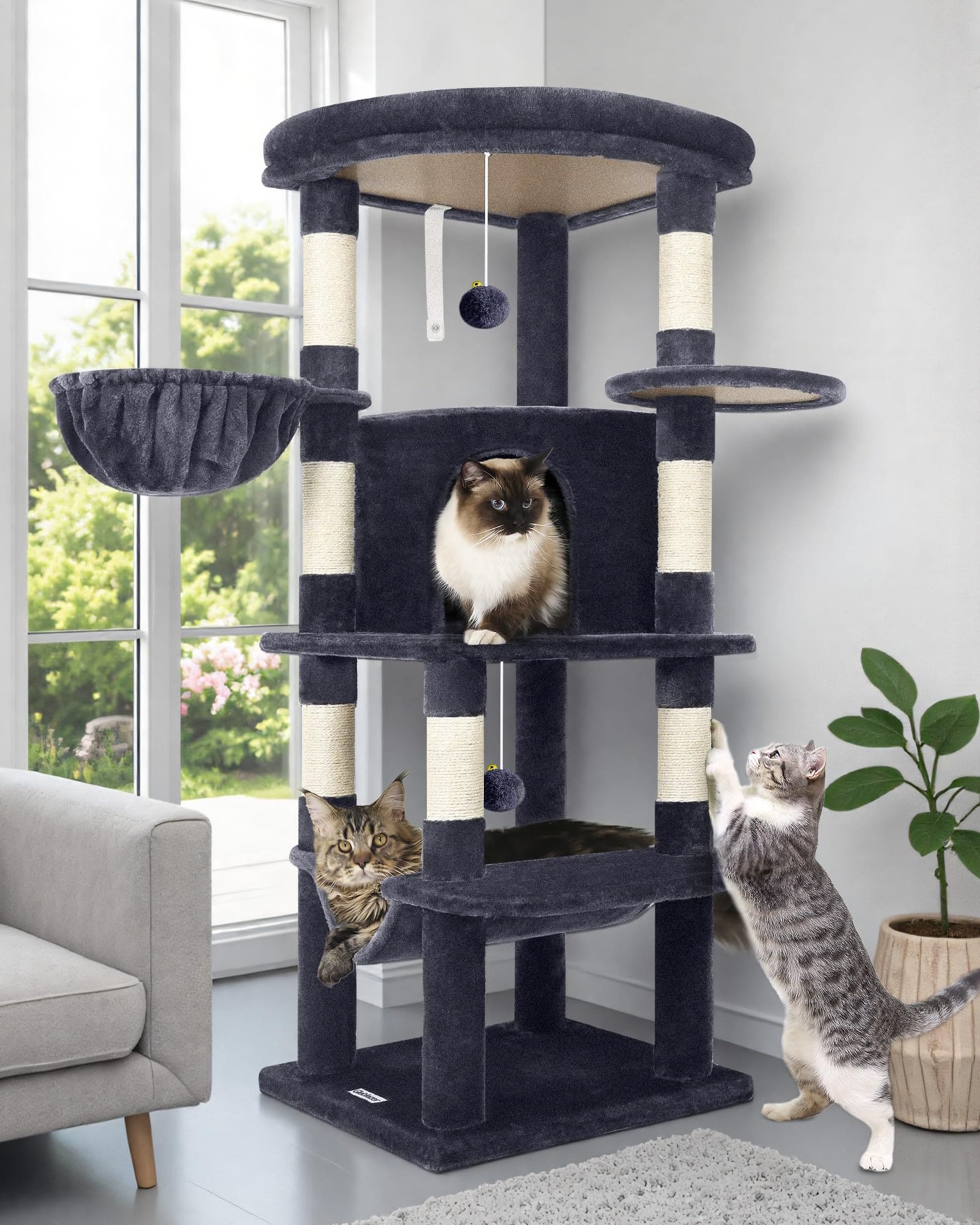 JETRANSPORT - Cactus Corner Cat Tree Tower With For Indoor Cats 51in Multi-level Condo Large Hammock Fan-shaped Padded - Dark Gray 51inch