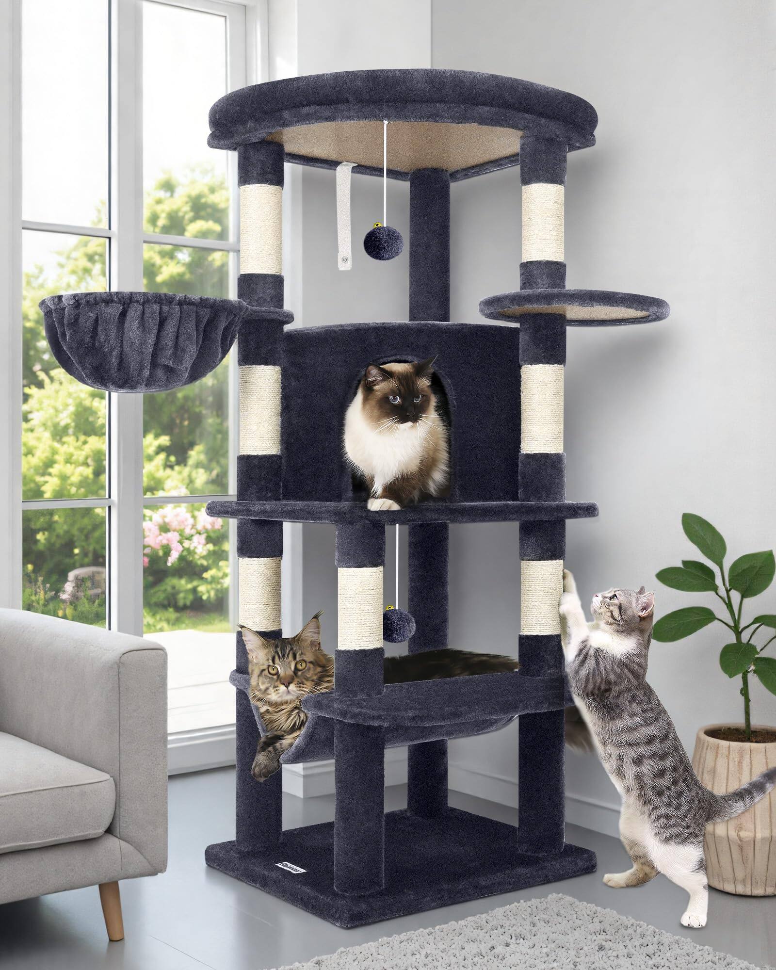 Front. JETRANSPORT - Cactus Corner Cat Tree Tower With For Indoor Cats 51in Multi-level Condo Large Hammock Fan-shaped Padded - Dark Gray 51inch.