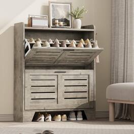 Babevy - Narrow Shoe Cabinet with 2 Flip Drawers & Hooks, Slim Hidden Shoe Storage Organizer for Entryway or Hallway - Gray