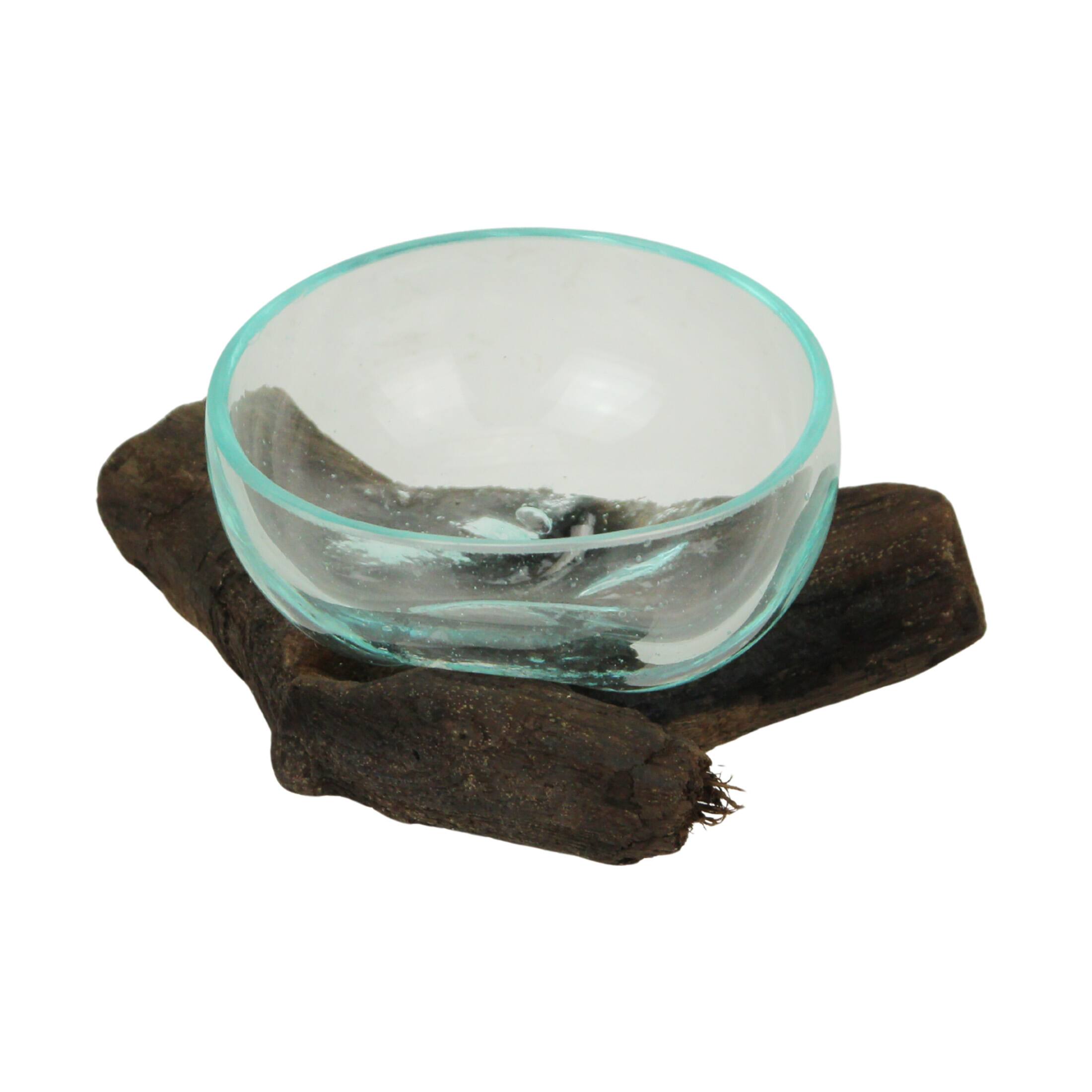 Alt View 1. Chesapeake Bay - Glass and Teak Driftwood Bowl – 3.25” High Decorative Succulent Centerpiece - Natural.