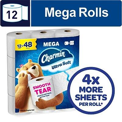 12 Mega Rolls  
12-48 Charmin Ultra Soft  
4x More Sheets Per Roll*  
Smooth Tear  
Regular Roll