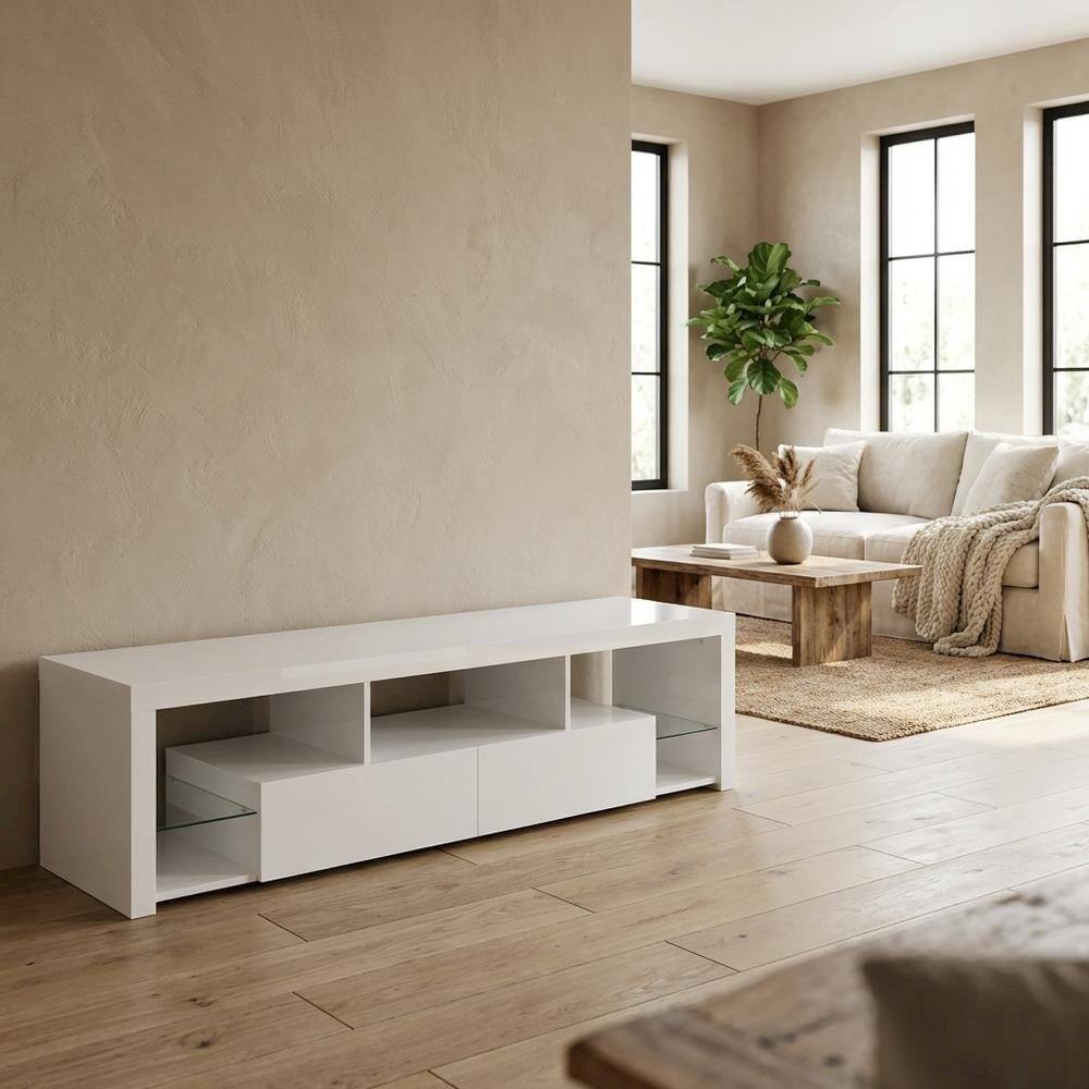 Alt View 2. FurniFact - White 2-Drawer TV Stand with High Gloss Finish and Contemporary Style - White.