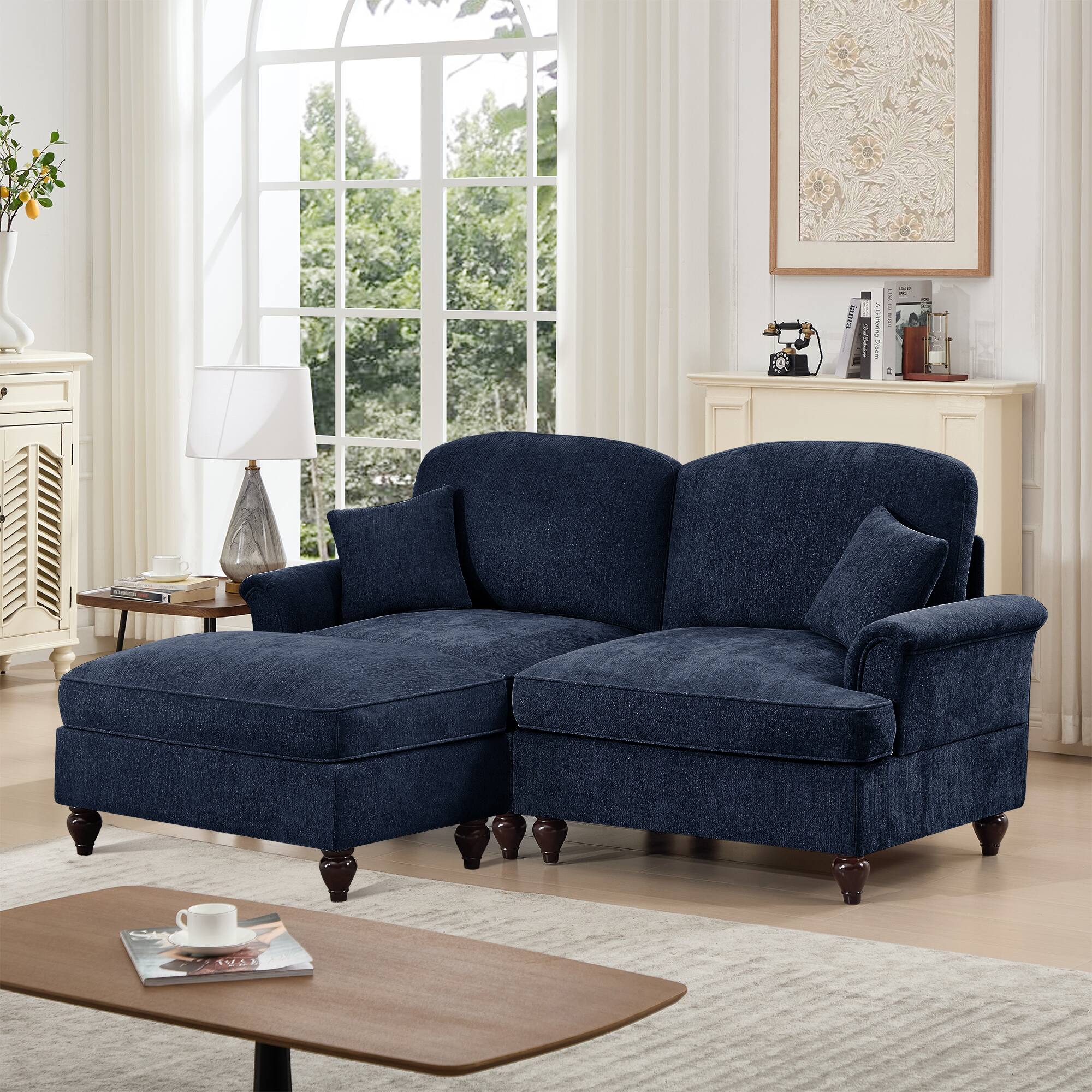 Angle. Anysun - Mid-Century L-Shape Chenille Loveseat with Ottoman - Flared Arms, Ruffled Skirt & Spindle Legs - Blue.