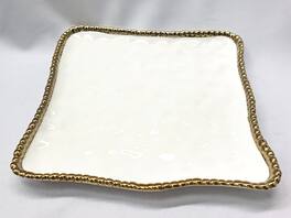 Jiallo - 11" Contemporary Gold Square Bead Tray – Modern Decorative Serving Tray with Beaded Rim - White