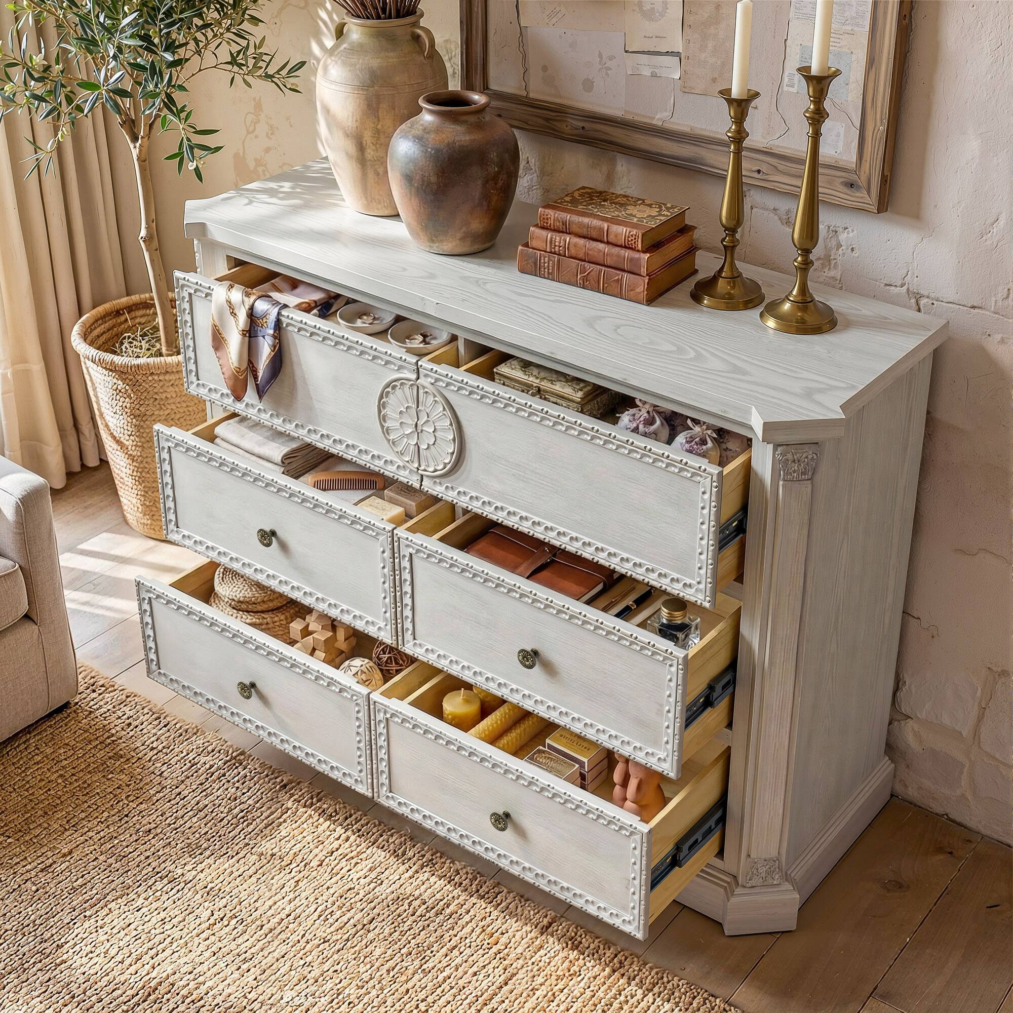 Left. Homsee - Fully Assembled Solid Wood 5 Drawer Dresser, Classic Vintage Chest of Drawers for Bedroom or Living Room - White.