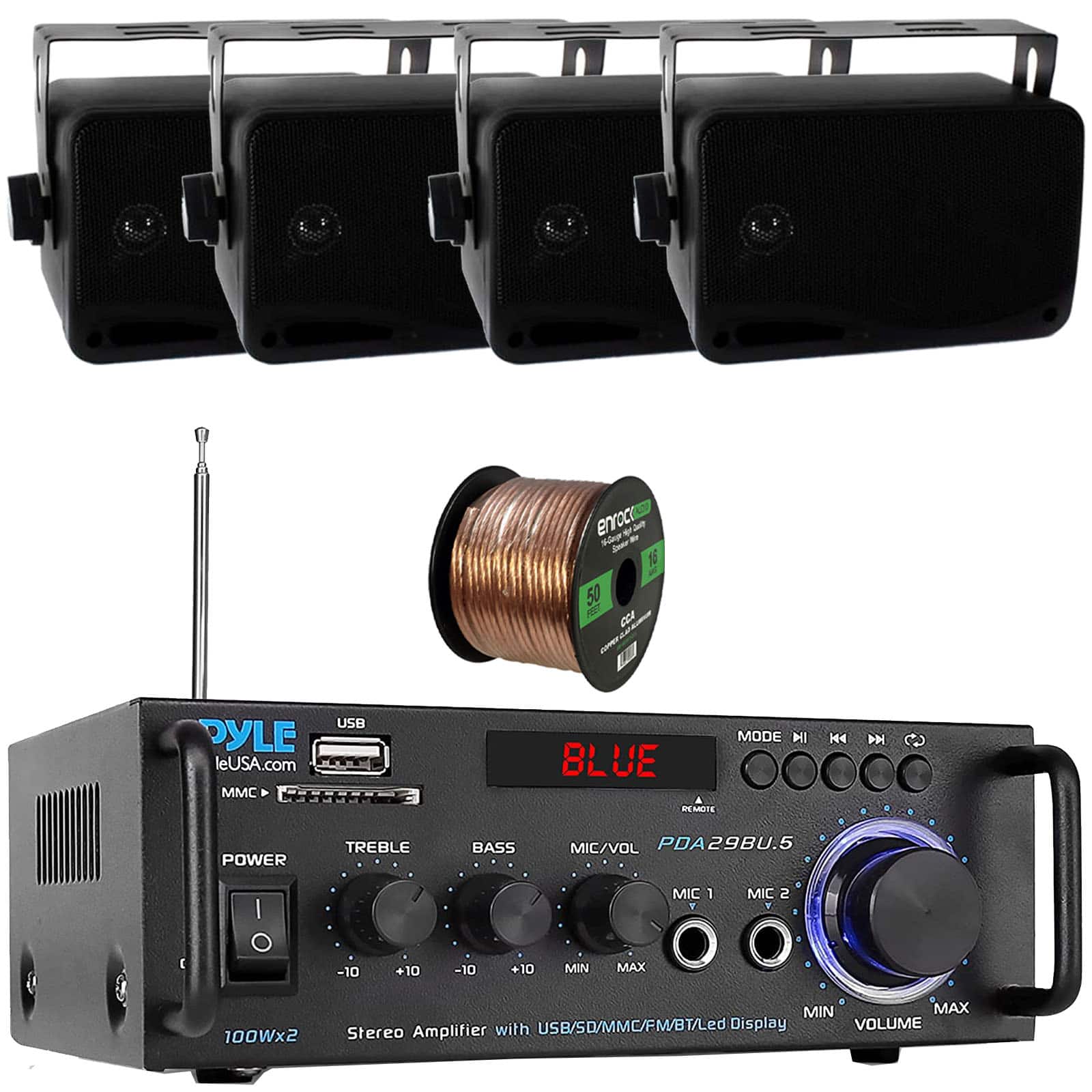 Pyle - PDA29BU.6 Bluetooth USB/SD/FM Stereo Home Receiver, 4x 3.5'' 200W 3-Way Indoor/Outdoor Speakers w/Wire