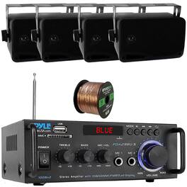 Pyle - PDA29BU.6 Bluetooth USB/SD/FM Stereo Home Receiver, 4x 3.5'' 200W 3-Way Indoor/Outdoor Speakers w/Wire