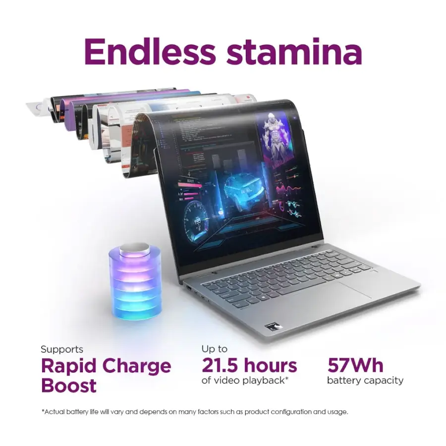 Endless stamina KREE - Supports up to rapid charge 21.5 hours of video playback* battery capacity boost. Actual battery life will vary and depends on many factors such as product configuration and usage.