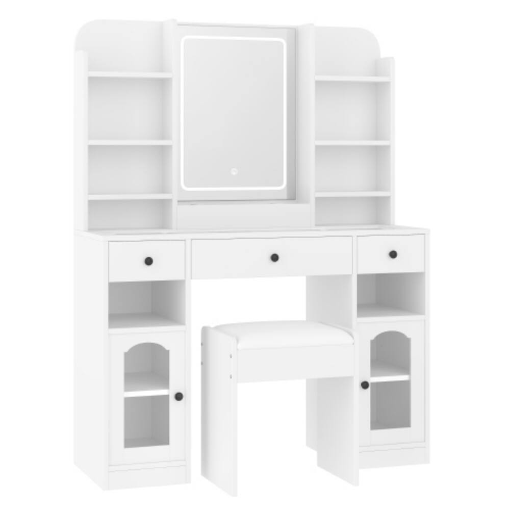 Alt View 4. LUCKY ONE - 43.2" Vanity Desk w/ LED Mirror RGB Glass Cabinets 3 Drawers & Stool - White.